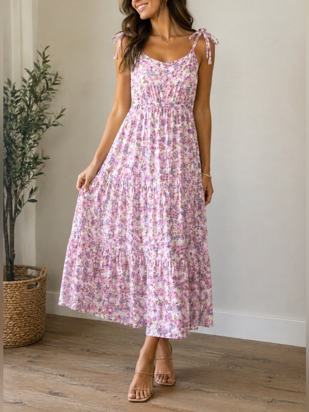 By the river Floral Pink Tie-Shoulder Maxi Dress Size M